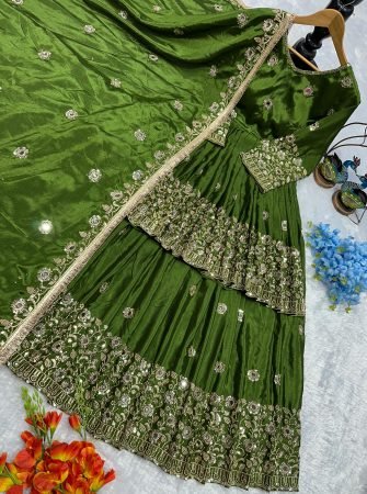 Real Mirror Work Mehendi Green Peplum Top Lehenga Choli