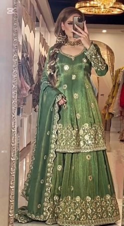 Real Mirror Work Mehendi Green Peplum Top Lehenga Choli