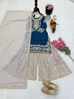 Real Mirror Work Rama Top Sharara Dupatta Set