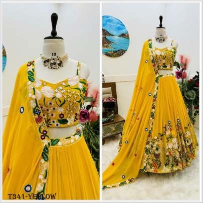 Real Modeling Yellow Georgette Lehenga Choli