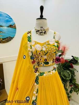 Real Modeling Yellow Georgette Lehenga Choli