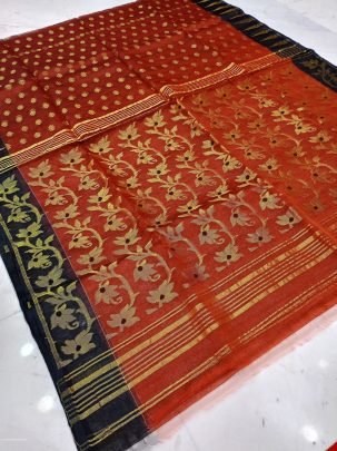 Red And Black Border Soft Pure Maslin Dhakai Jamdani Saree