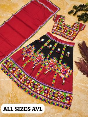 Red And Black Navratri Traditional Lehenga For Kids 
