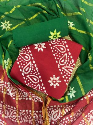 Red And Green Wax Batik Pure Cotton Dress Material