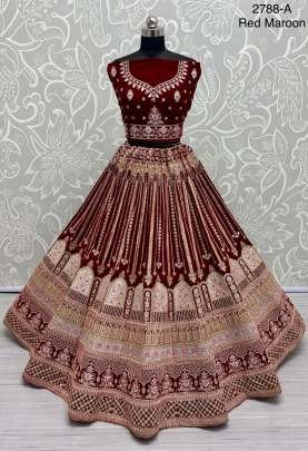 Red And Maroon Celebrity Bridal Velvet Lehenga