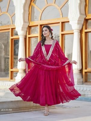 Red Attractive Full Sleeve Designer Faux Georgette Gown