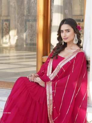 Red Attractive Full Sleeve Designer Faux Georgette Gown