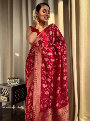 Red Banarsi Soft Silk Saree With Unstich Blouse