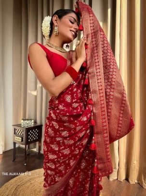 Red Banarsi Soft Silk Saree With Unstich Blouse