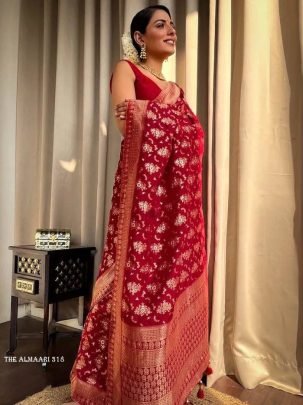 Red Banarsi Soft Silk Saree With Unstich Blouse