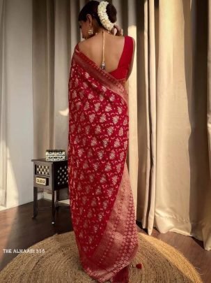 Red Banarsi Soft Silk Saree With Unstich Blouse