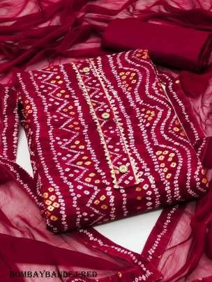 Red Bandhani Bombay Cotton Printed Dress Material