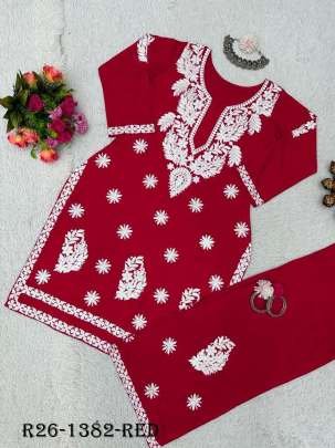 Red Chain Stich Work Heavy Rayon Kurtis