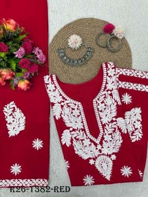 Red Chain Stich Work Heavy Rayon Kurtis