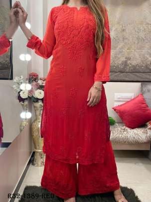 Red Chain Stitch Work Designer Palazo Suits