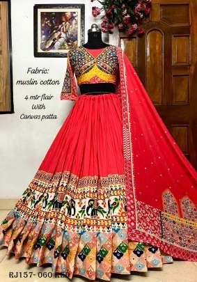 Red Color Digital Printed Mirror Work 4mtr Flair Cotton Navratri Lehenga Choli