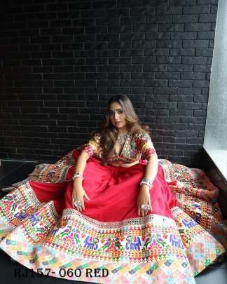 Red Color Digital Printed Mirror Work 4mtr Flair Cotton Navratri Lehenga Choli