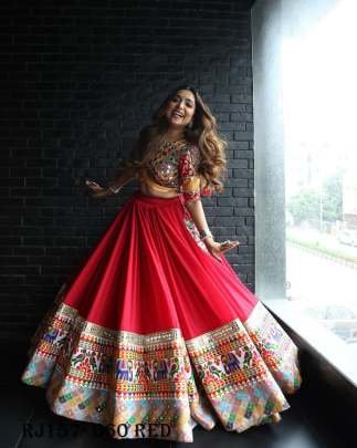 Red Color Digital Printed Mirror Work 4mtr Flair Cotton Navratri Lehenga Choli