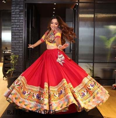 Red Color Digital Printed Mirror Work 4mtr Flair Cotton Navratri Lehenga Choli