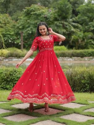 Red Color Embroidery Zari Sequins Work Gowns