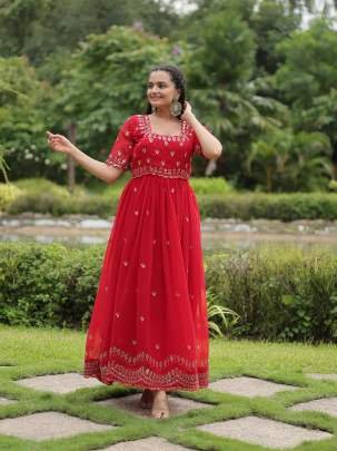 Red Color Embroidery Zari Sequins Work Gowns