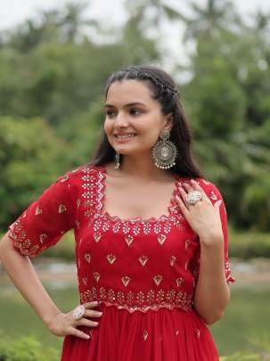 Red Color Embroidery Zari Sequins Work Gowns