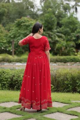 Red Color Embroidery Zari Sequins Work Gowns