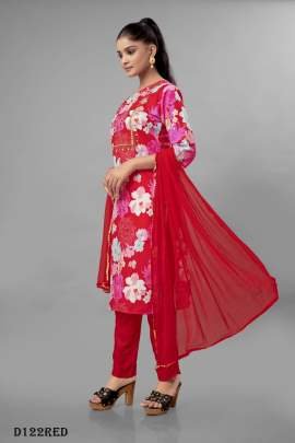 Red Color Floral Printed Fancy Kurti Pant With Dupatta