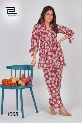 Red color flower linen print co ord sets