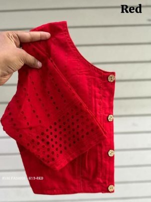 Red Color Jaipuri Goli Hakoba Boat Neck Ready made Blouse with Wooden Button