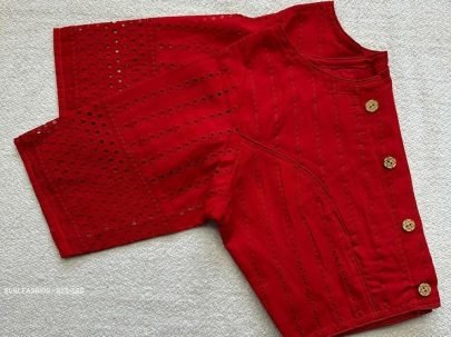 Red Color Jaipuri Goli Hakoba Boat Neck Ready made Blouse with Wooden Button