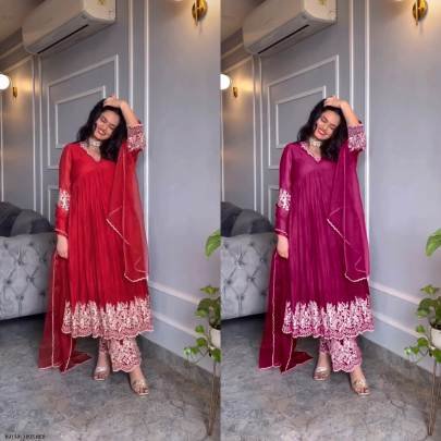 Red color pure chinon silk Alia Cut Gown Palazzo With Dupatta