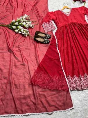 Red color pure chinon silk Alia Cut Gown Palazzo With Dupatta