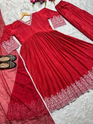 Red color pure chinon silk Alia Cut Gown Palazzo With Dupatta
