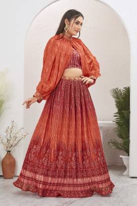 Red color Silk Blend Crushed Readymade Lehenga Choli