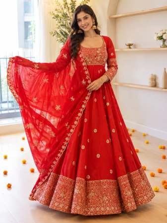 Red Colour karvachauth  Special  Sequence Work Anarkali Suit