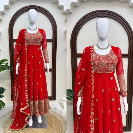 Red Colour karvachauth  Special  Sequence Work Anarkali Suit