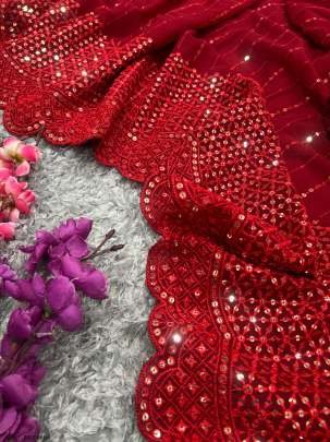 Red Colour Pure Georgette Sequence work Saree With Unstitched Blouse
