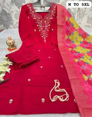 Red Colour Pure Muslin Silk Top, Bottom Dupatta Set