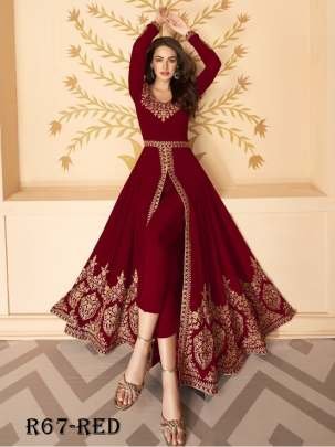 Red Designer Faux Georgette Pakistani Suits With Full Flair