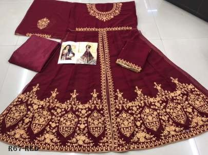 Red Designer Faux Georgette Pakistani Suits With Full Flair