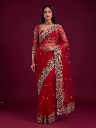 Red Designer Net Saree  With Heavy Sequence Embroidery Work