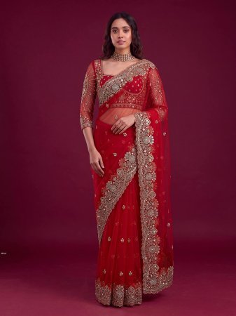 Red Designer Net Saree  With Heavy Sequence Embroidery Work