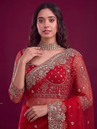 Red Designer Net Saree  With Heavy Sequence Embroidery Work