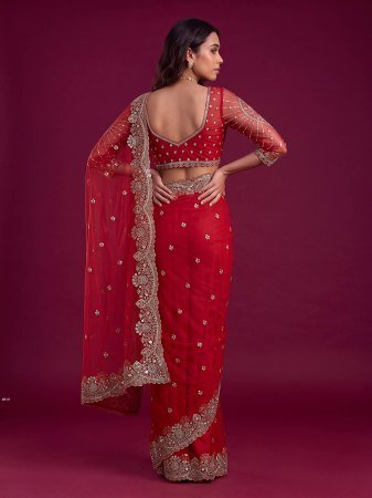 Red Designer Net Saree  With Heavy Sequence Embroidery Work