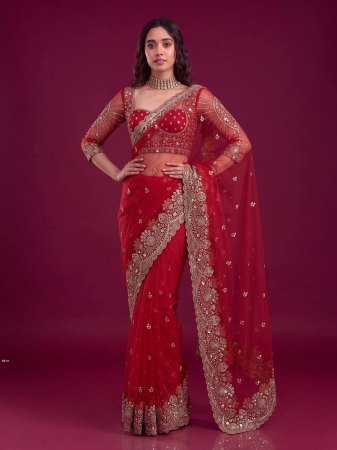 Red Designer Net Saree  With Heavy Sequence Embroidery Work