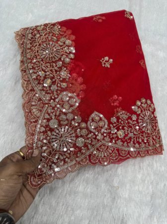 Red Designer Net Saree  With Heavy Sequence Embroidery Work