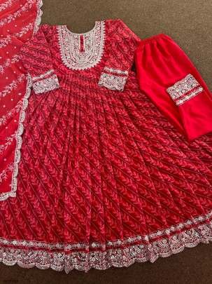 Red Digital Printed and Embroidery Work Georgette Anarkali Gown