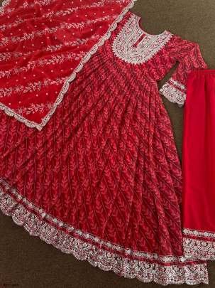 Red Digital Printed and Embroidery Work Georgette Anarkali Gown