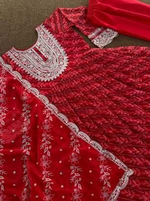 Red Digital Printed and Embroidery Work Georgette Anarkali Gown